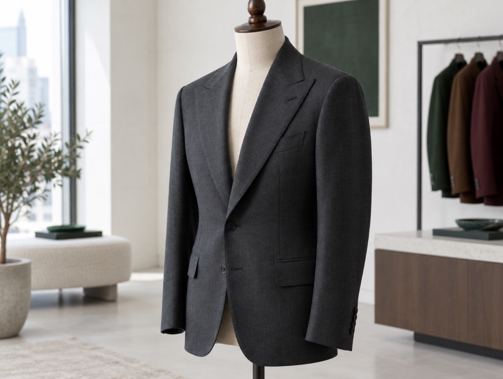 An illustration of the house's recorded cut: soft shoulder, light canvas chest, florentine: wide lapel, rounded chest. Not a photograph of the house's own work.