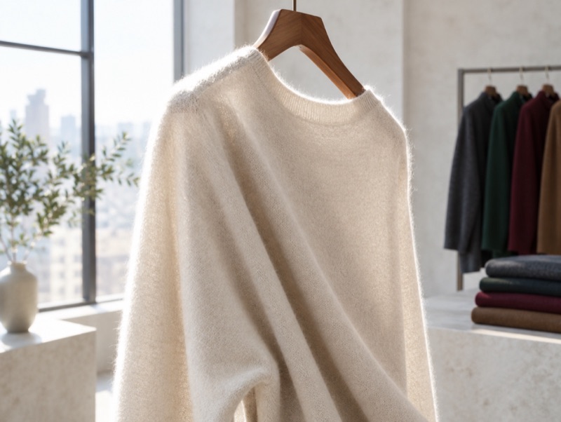 Fine pale cashmere knit on a wooden hanger