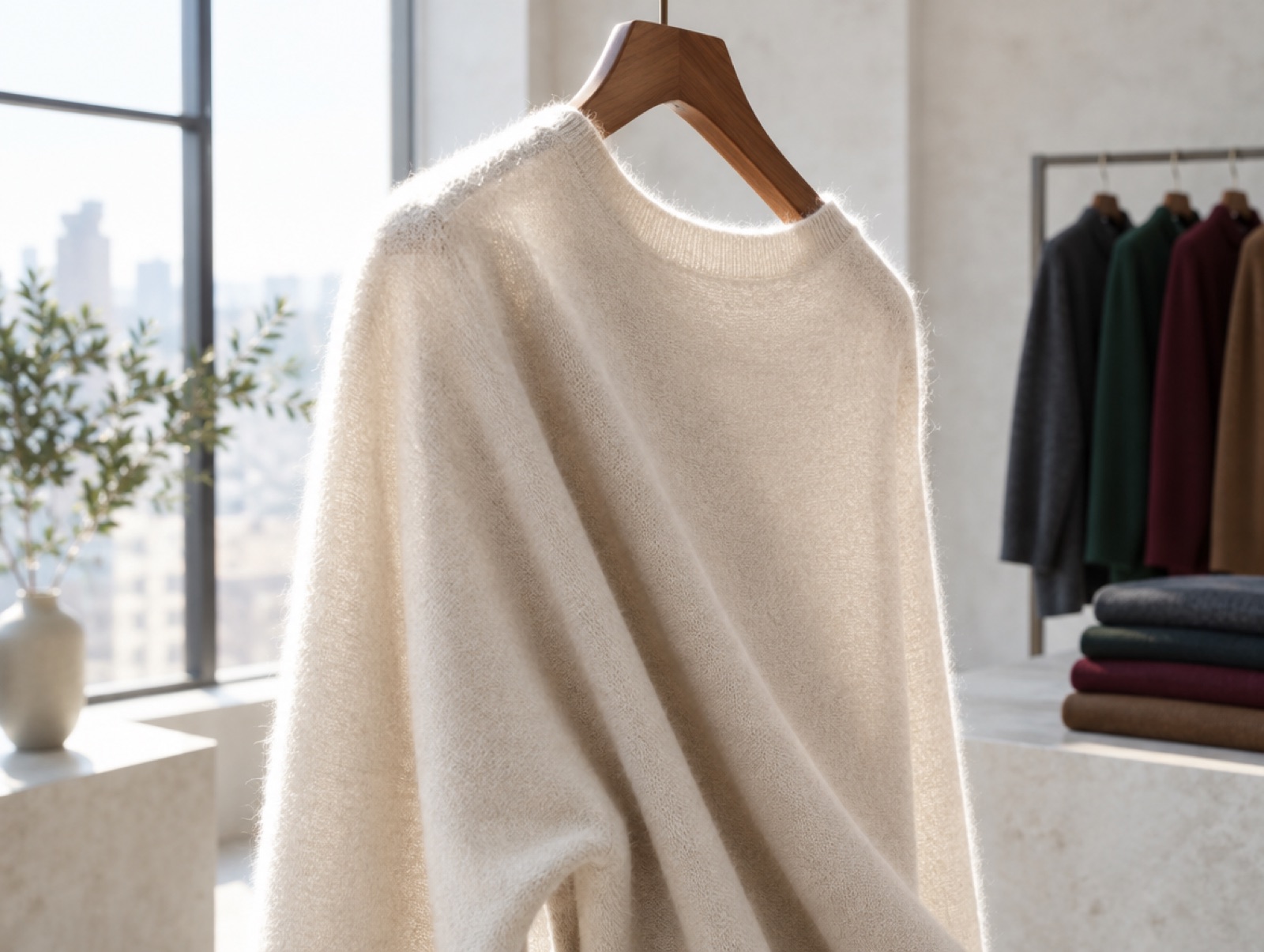 Fine pale cashmere knit on a wooden hanger