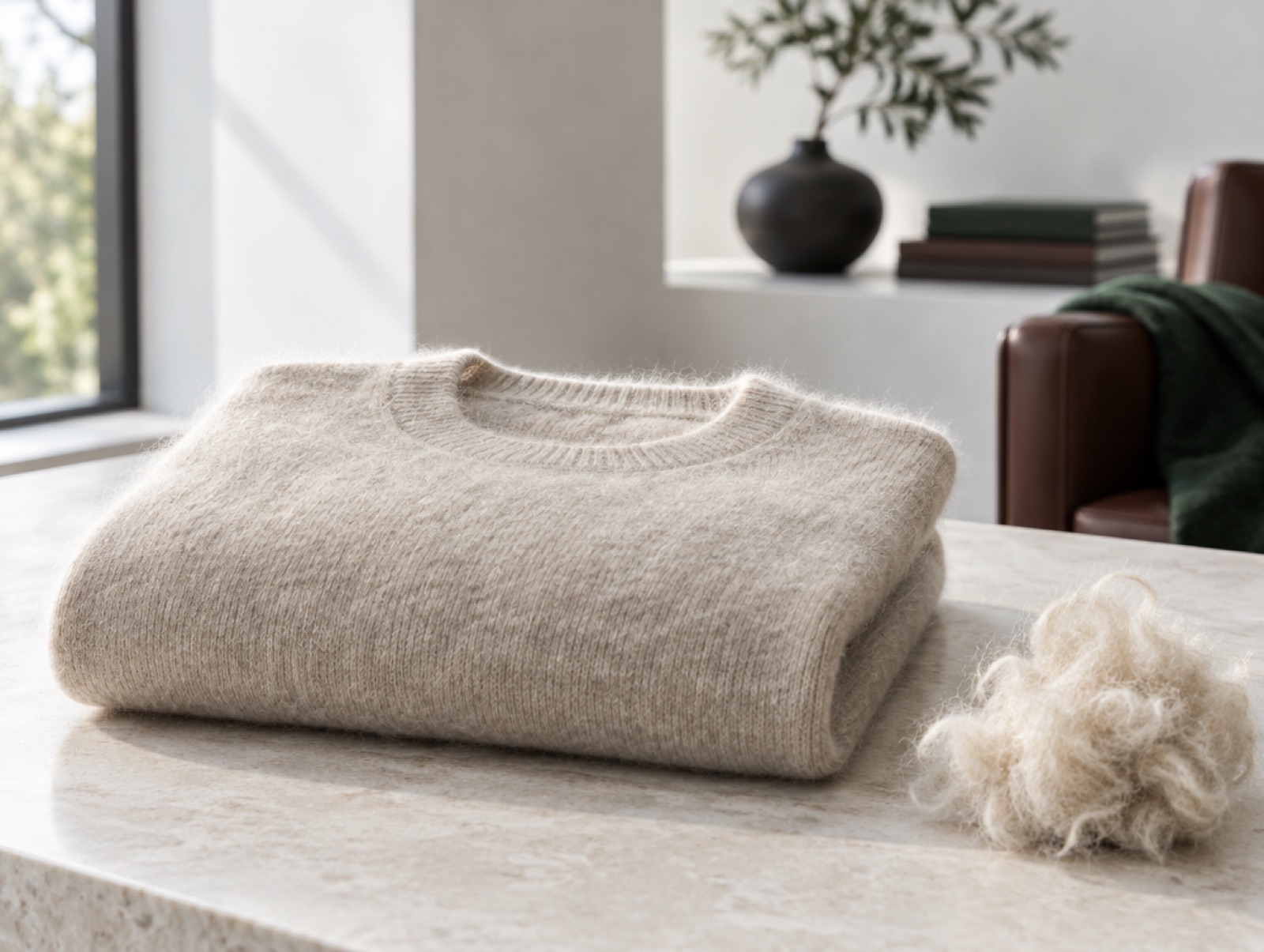 A folded cashmere sweater with a tuft of raw fibre