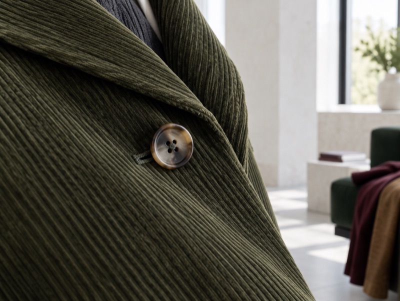 Olive corduroy with its wales close up