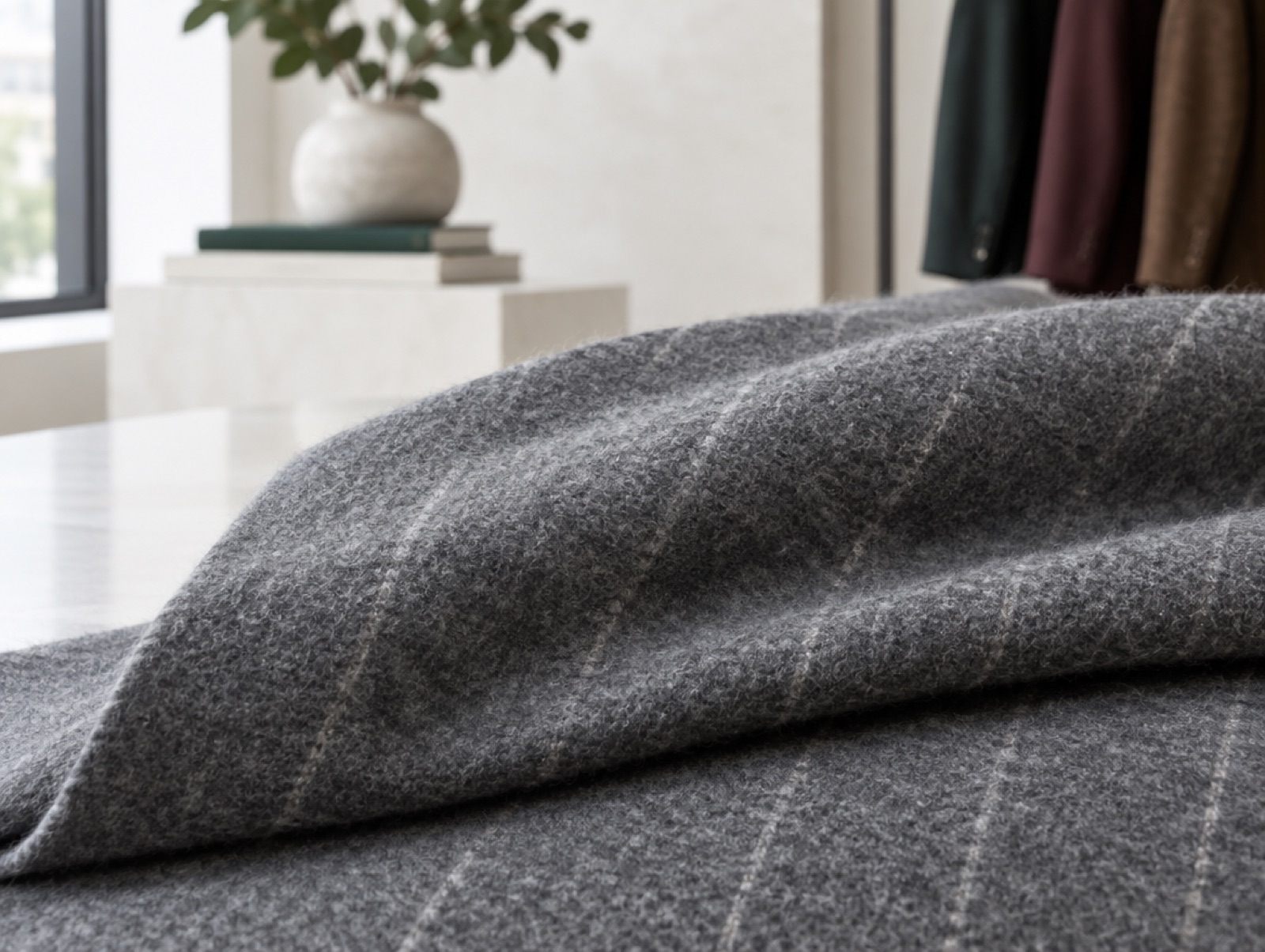 Mid-grey flannel with a faint chalk stripe