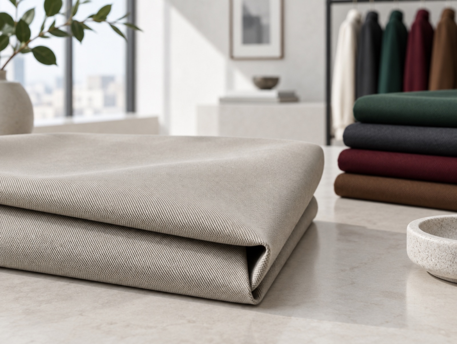 Stone cotton gabardine with a steep twill