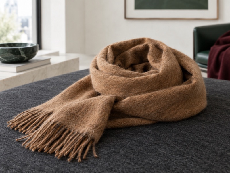 A guanaco scarf in warm honey-brown