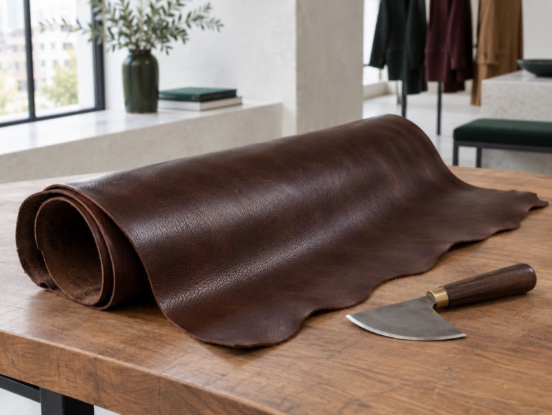 A rolled calf hide on a tanner's bench