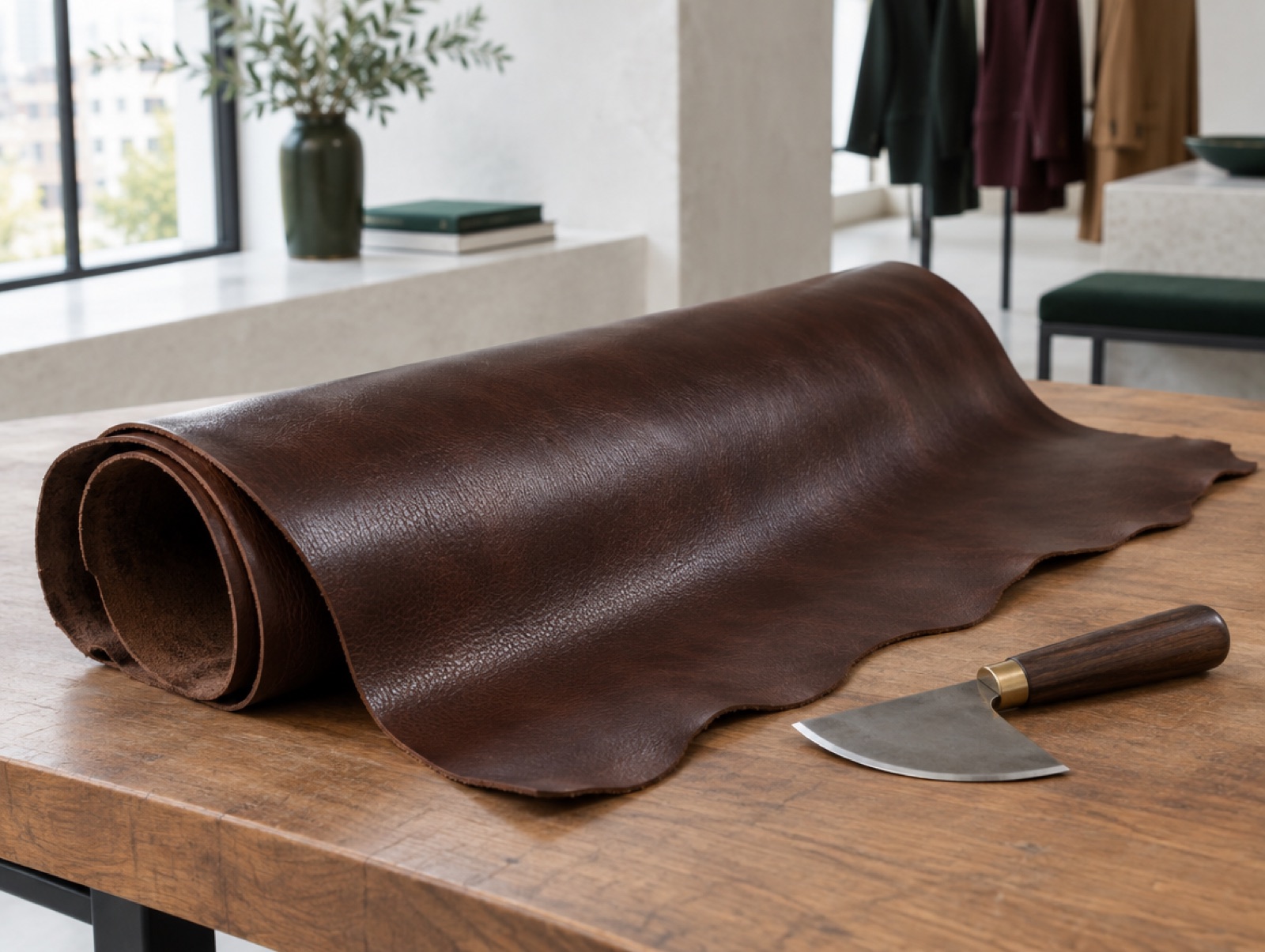 A rolled calf hide on a tanner's bench