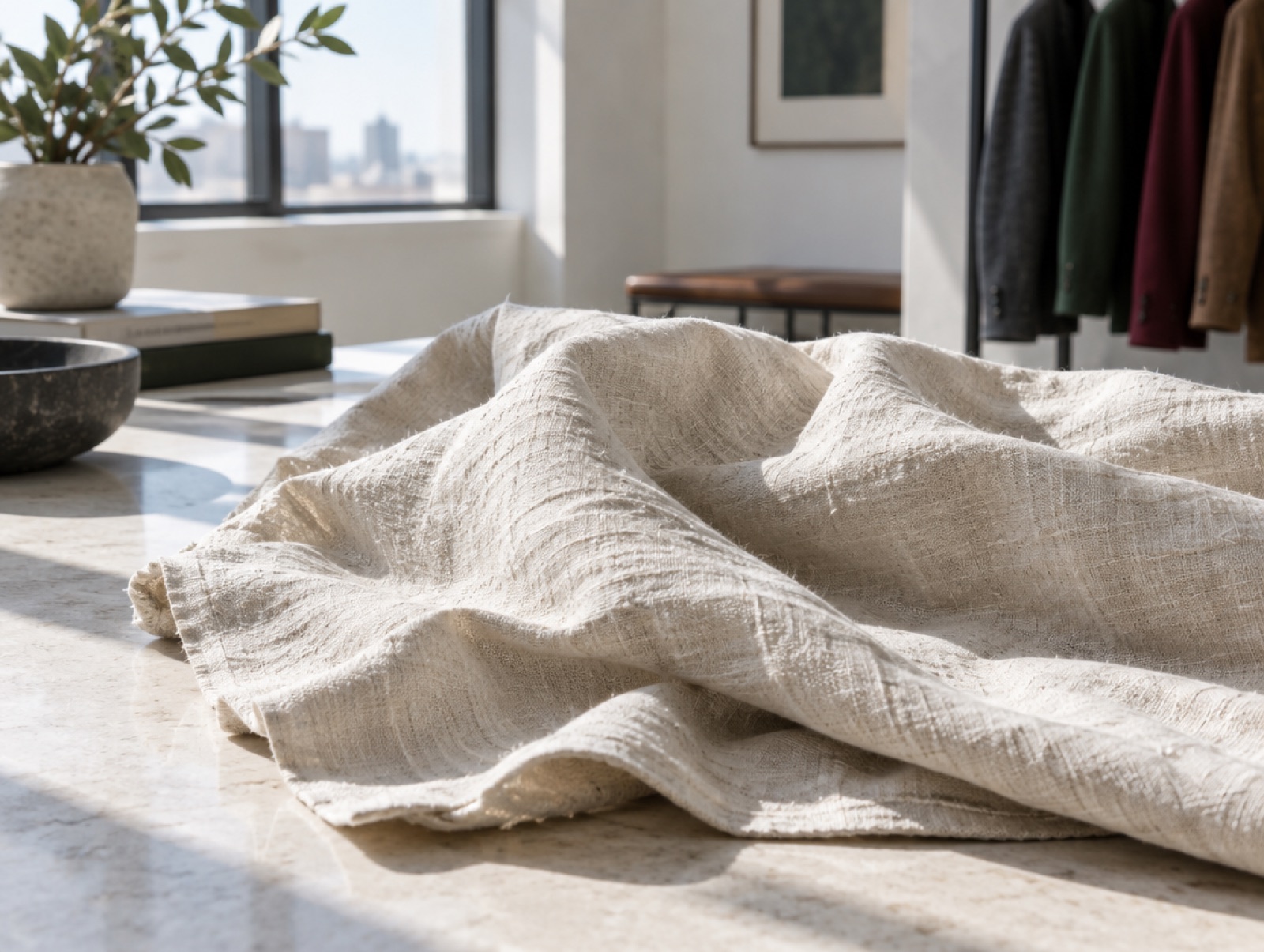 Crumpled ivory linen in window light
