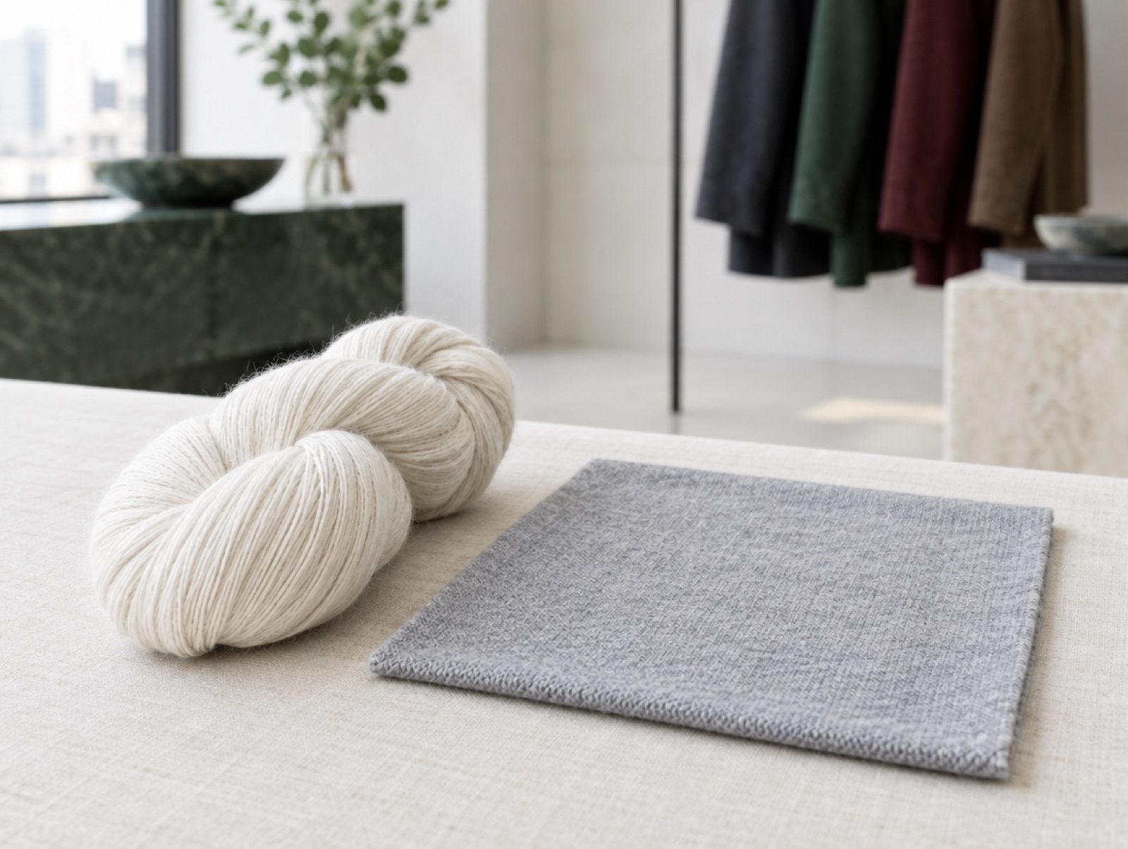 Fine merino yarn and a square of merino worsted