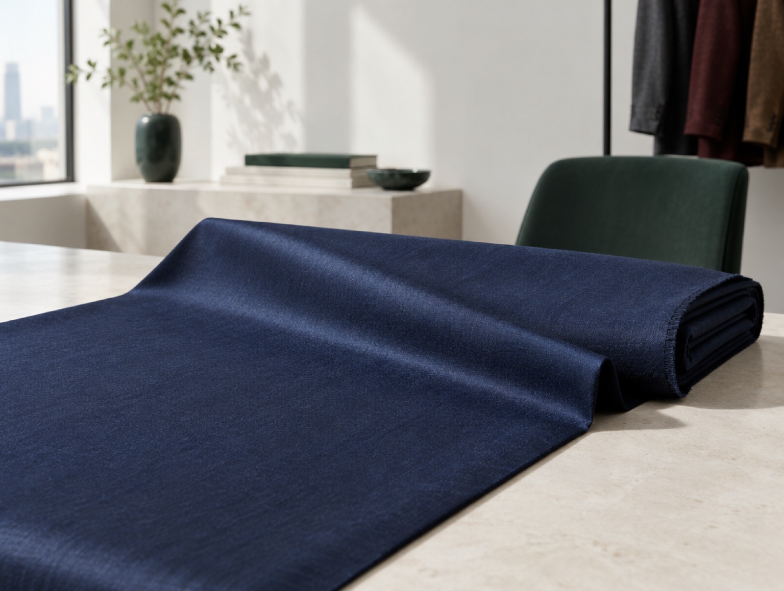 Midnight-blue mohair suiting with a dry sheen