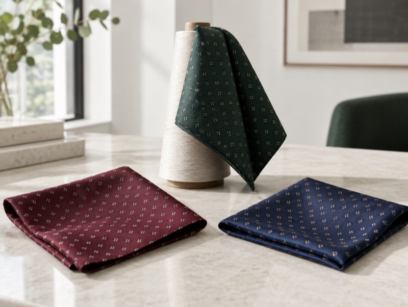 Silk tie cloths in oxblood, green and navy