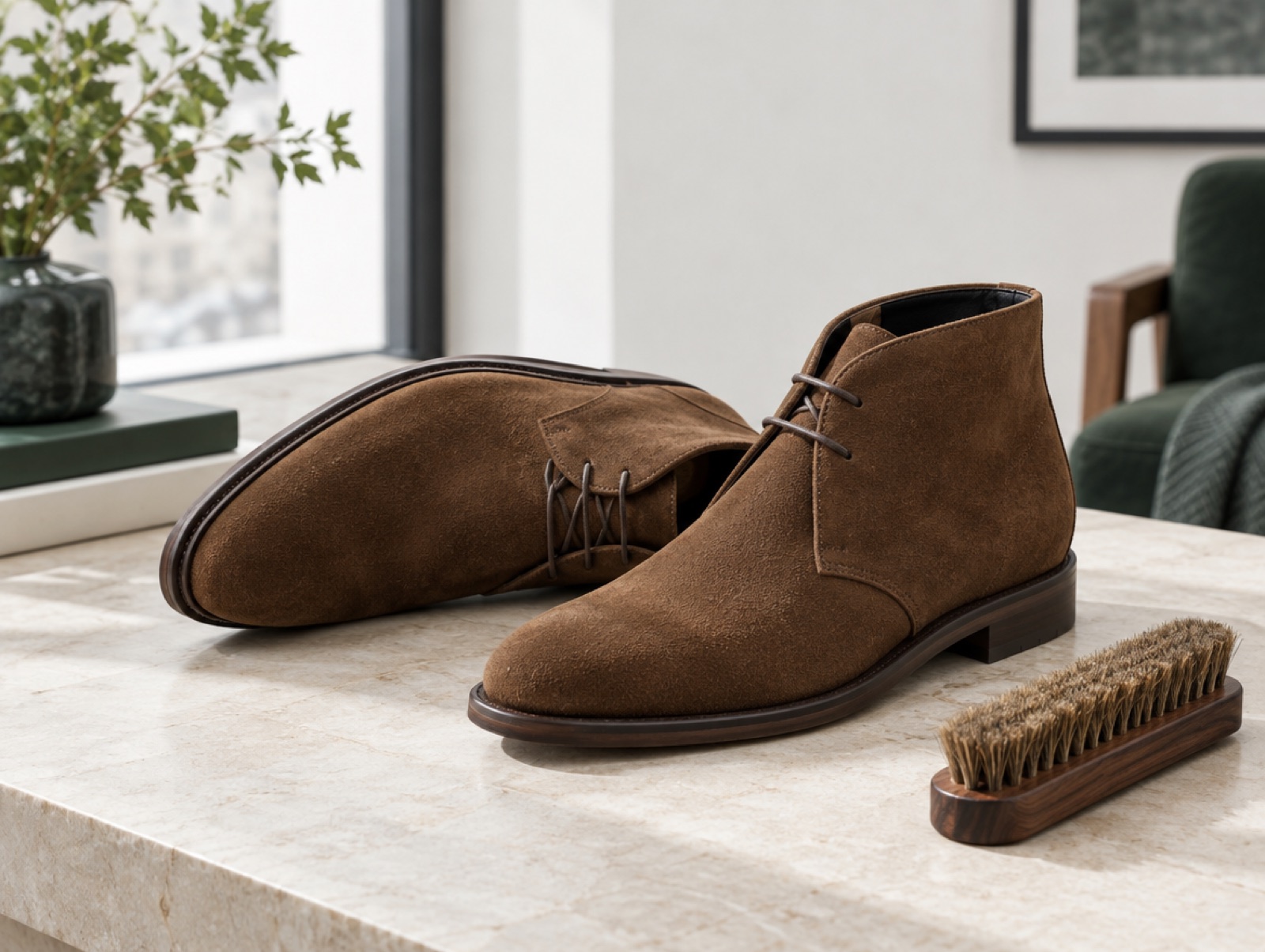Snuff suede chukka boots with a brush