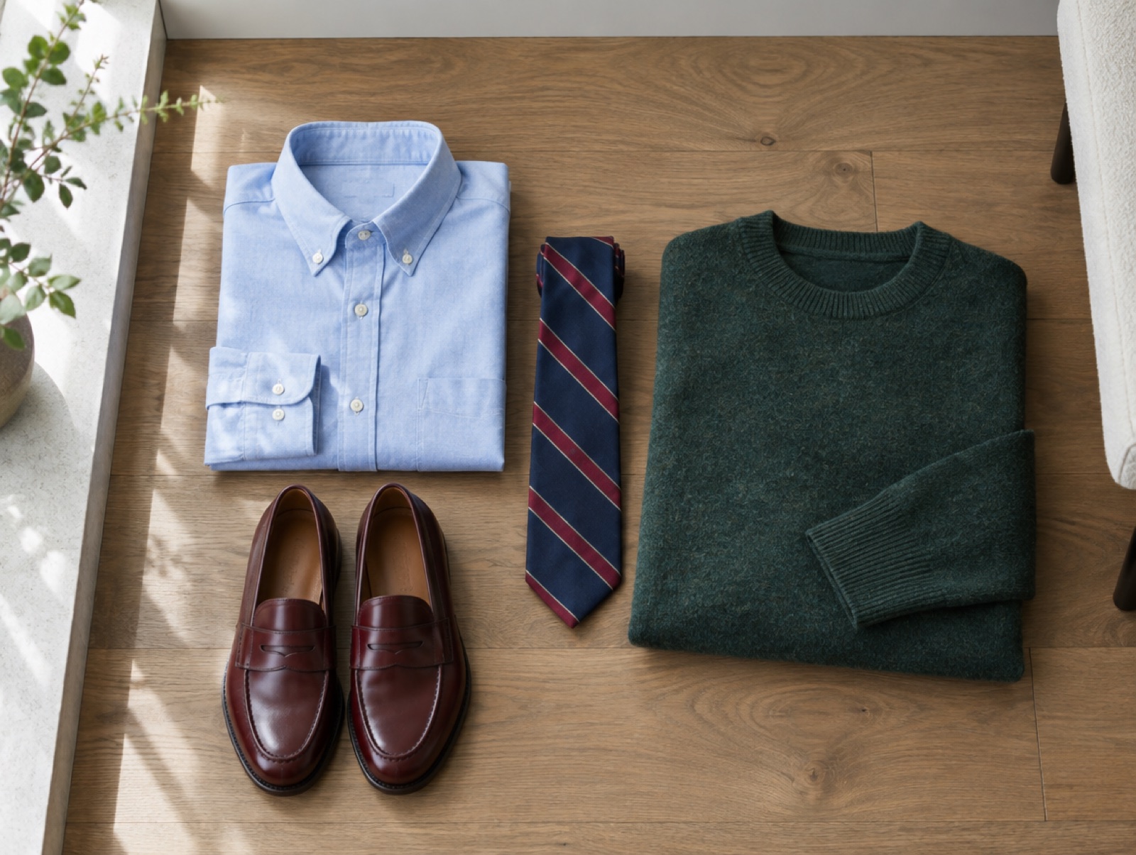Oxford shirt, repp tie, shetland and loafers