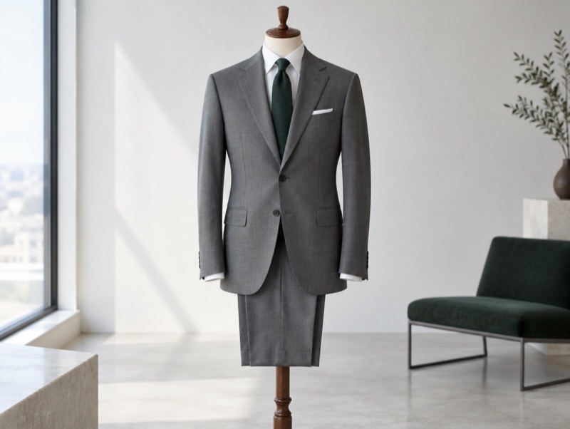 A precisely finished grey suit on a stand