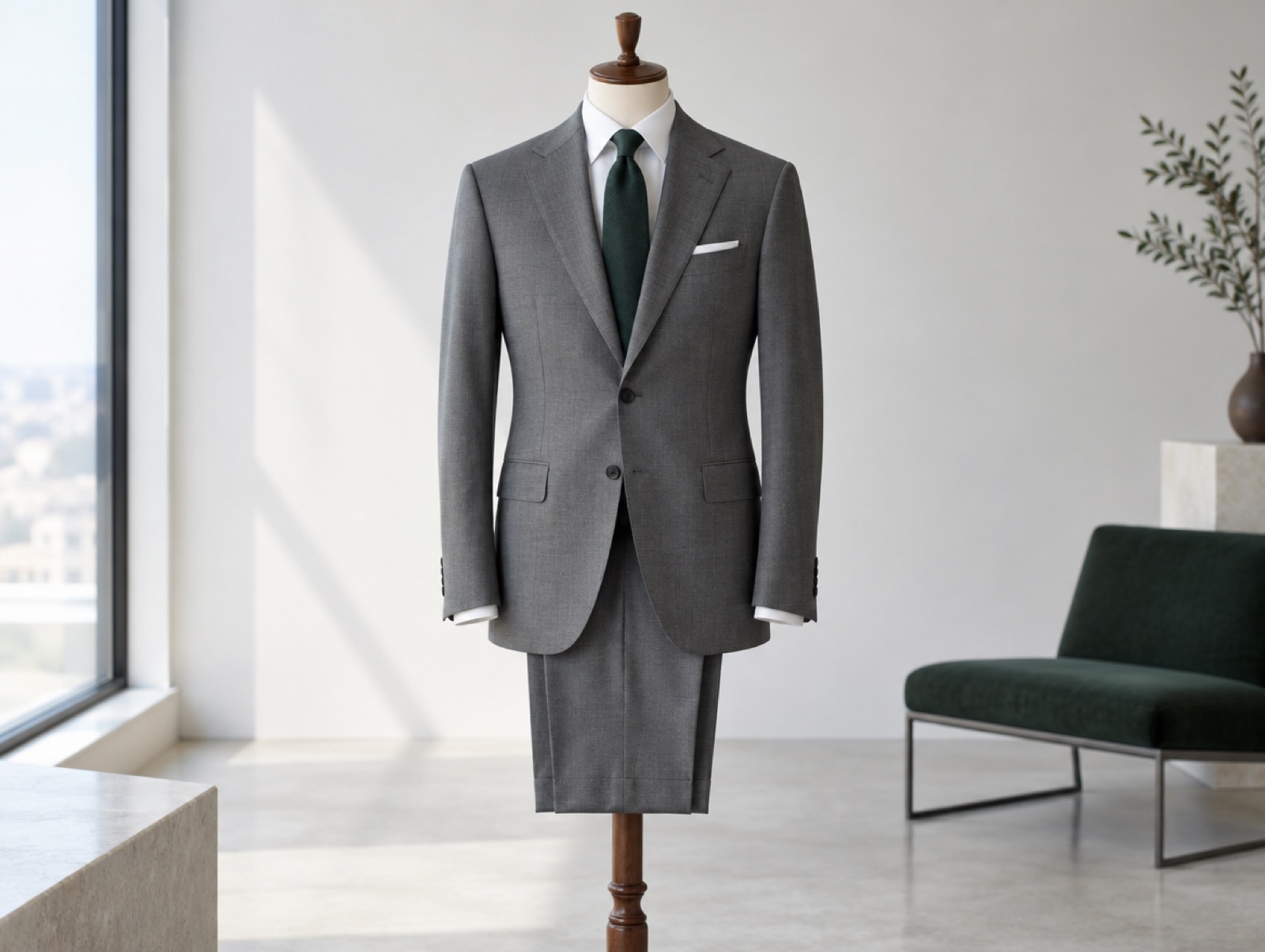 A precisely finished grey suit on a stand