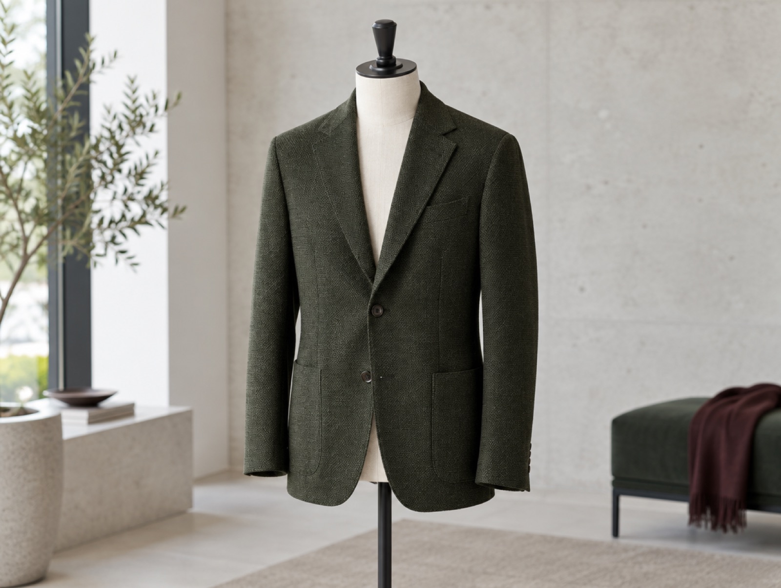 A soft-shouldered jacket on a modern stand