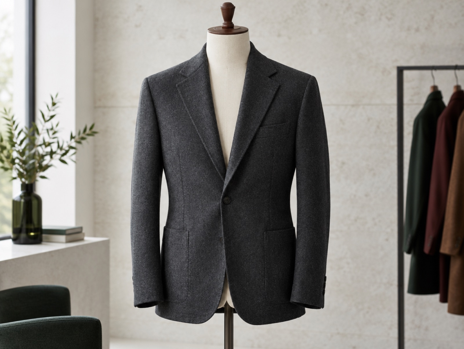A clean Milanese-cut jacket on a dummy