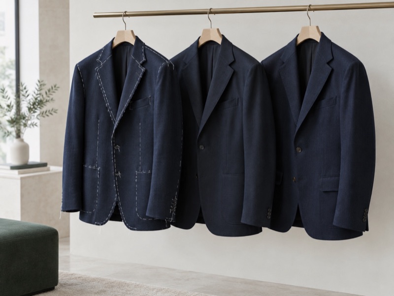 Three jackets side by side, one still basted