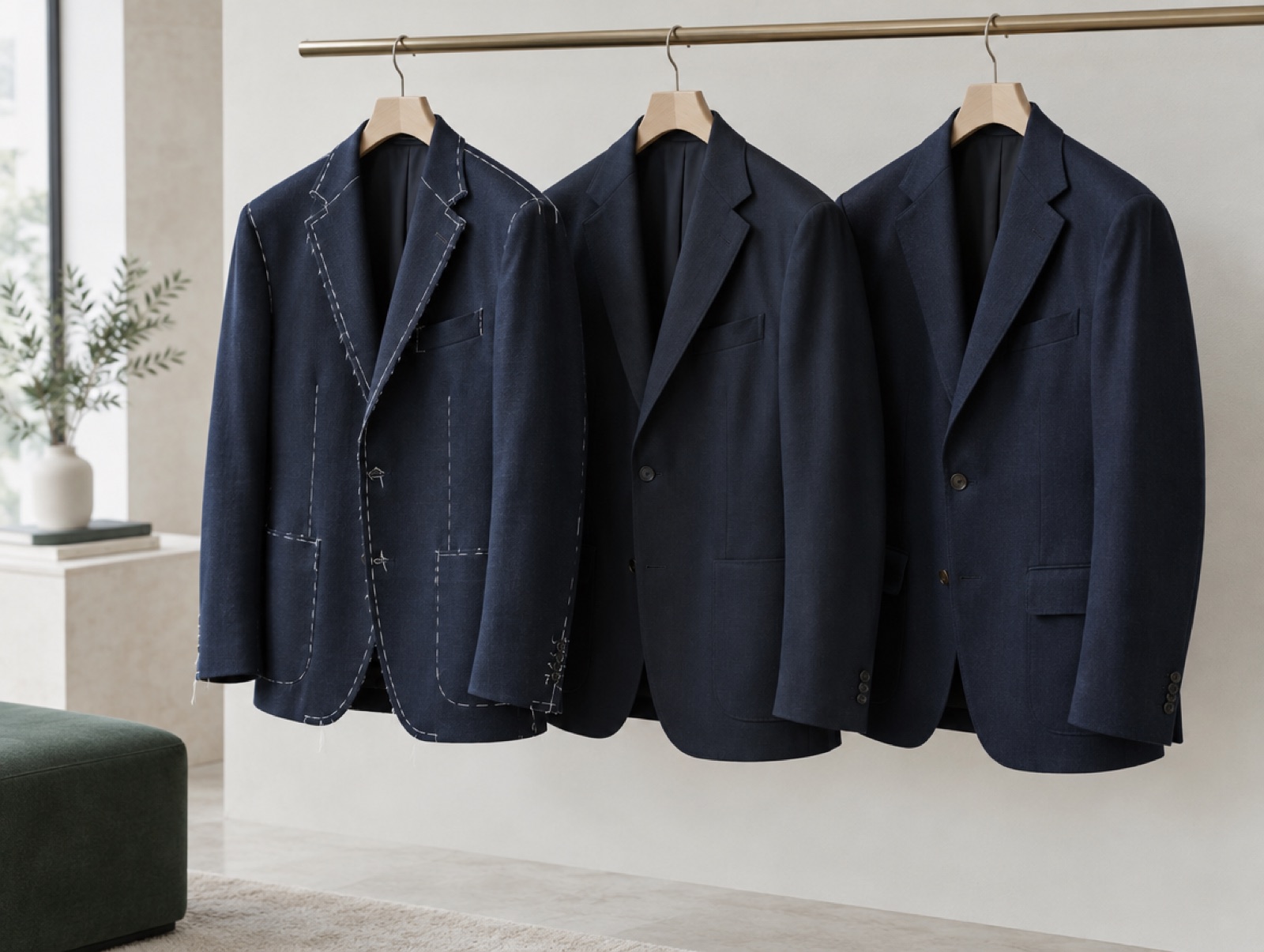 Three jackets side by side, one still basted