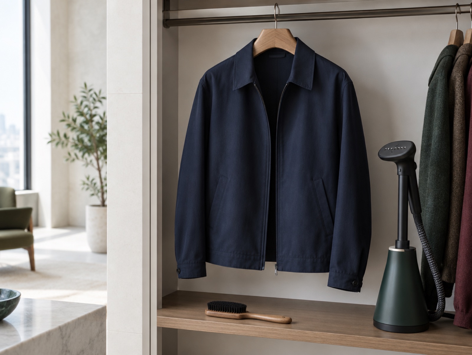 A jacket on a cedar hanger with a brush