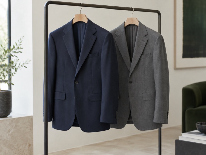 A navy suit and a grey suit side by side