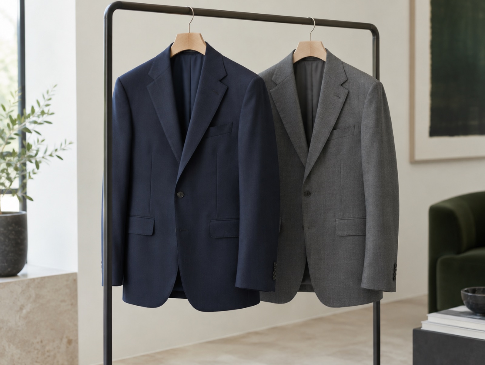 A navy suit and a grey suit side by side