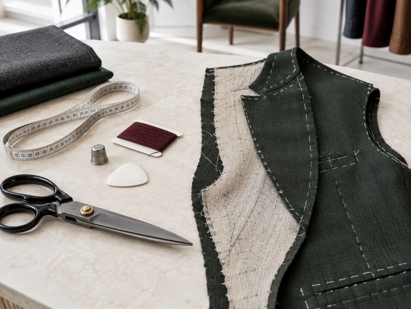 A tailor's bench with shears, chalk, thimble and a half-made jacket front