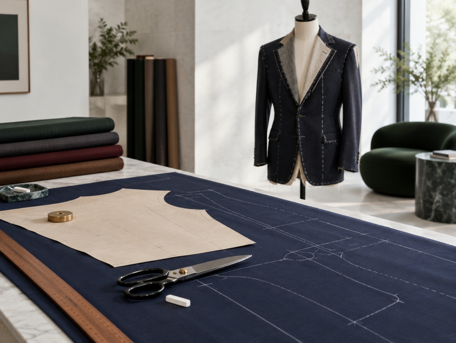 A cutting table with pattern, chalk and shears