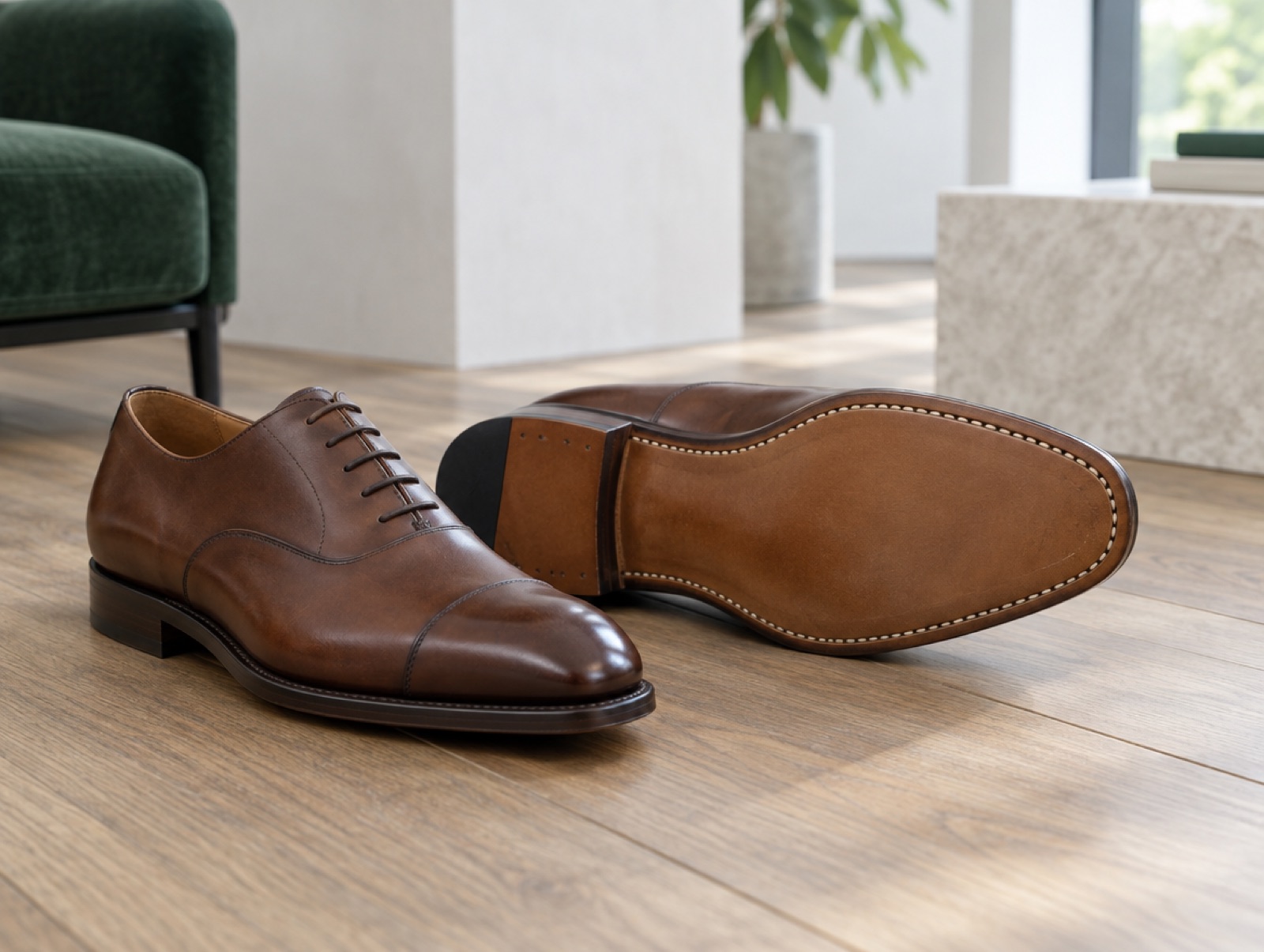 An oxford turned to show its welted sole