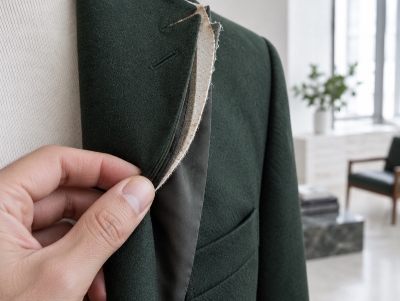 A lapel pinched to feel the canvas