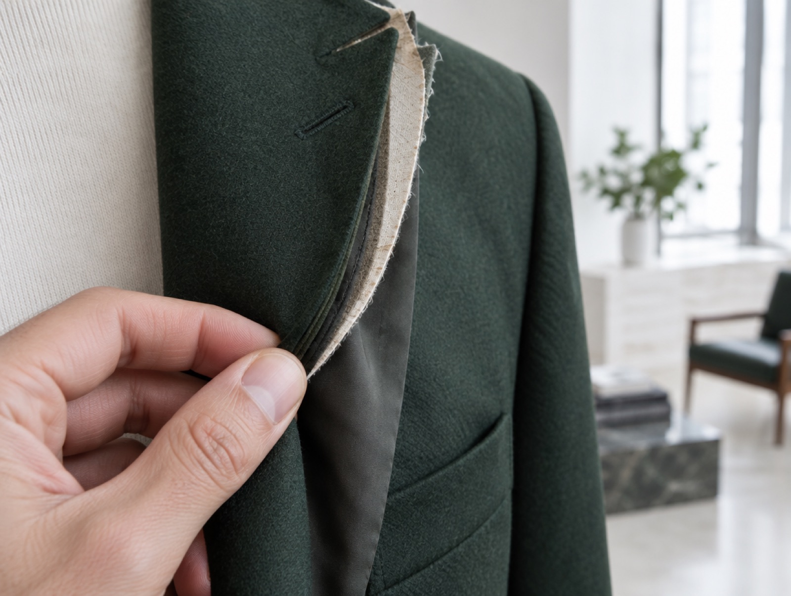 A lapel pinched to feel the canvas