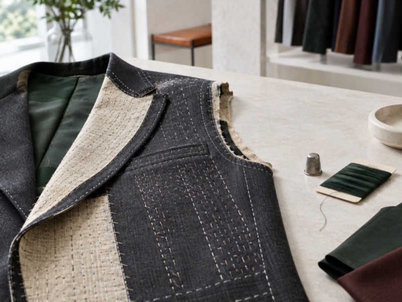 A half-made jacket showing its hand stitching