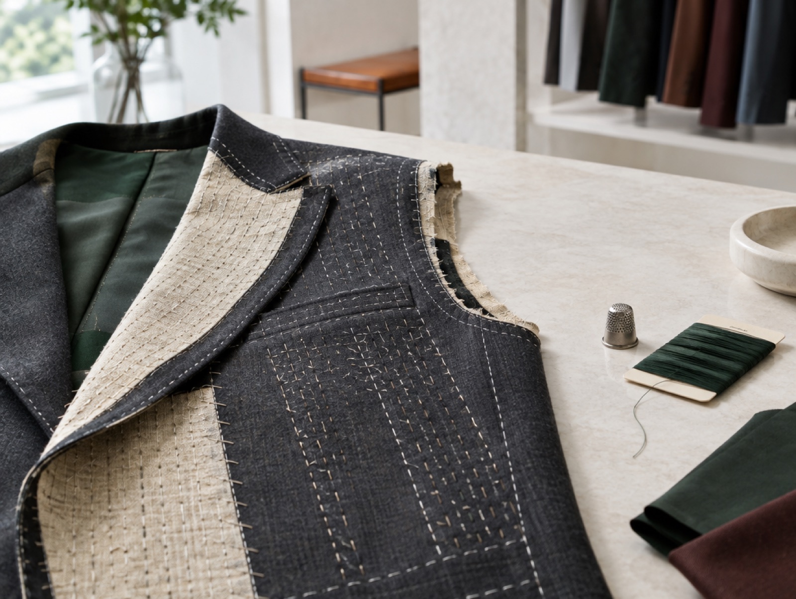 A half-made jacket showing its hand stitching