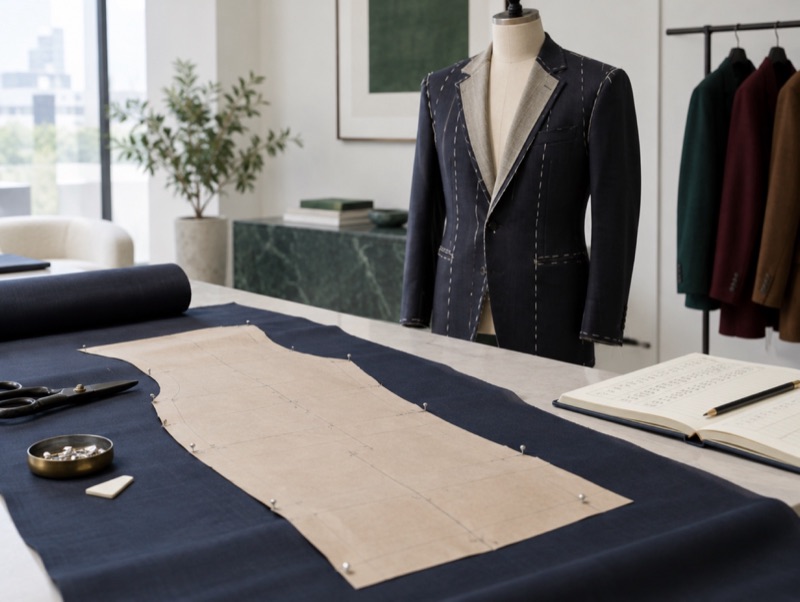 A cutting room with pattern, basted jacket and ledger