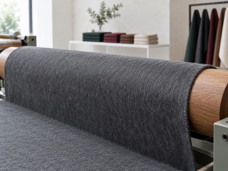 Finished flannel passing over a roller