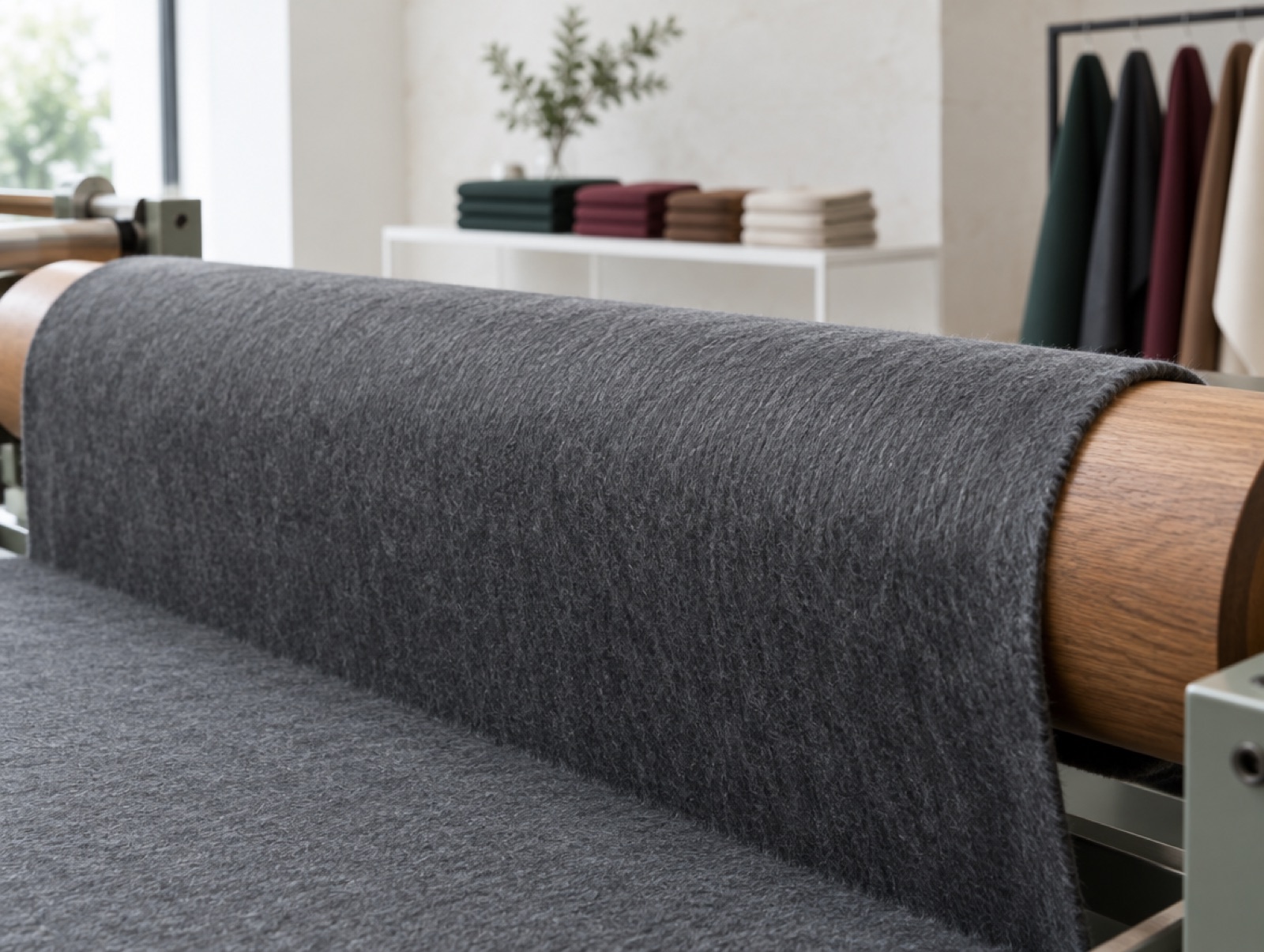 Finished flannel passing over a roller