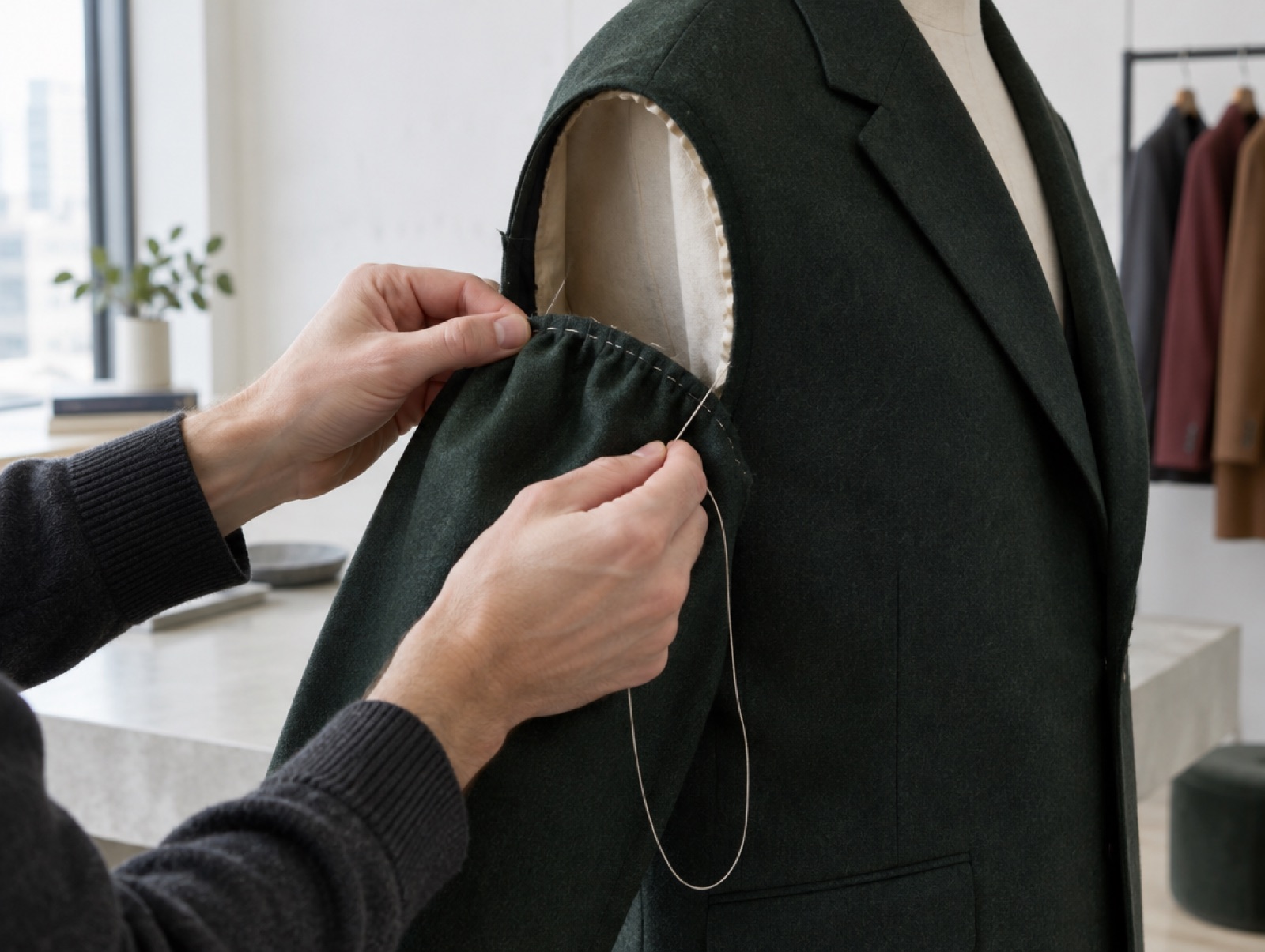 A sleeve being set into an armhole by hand