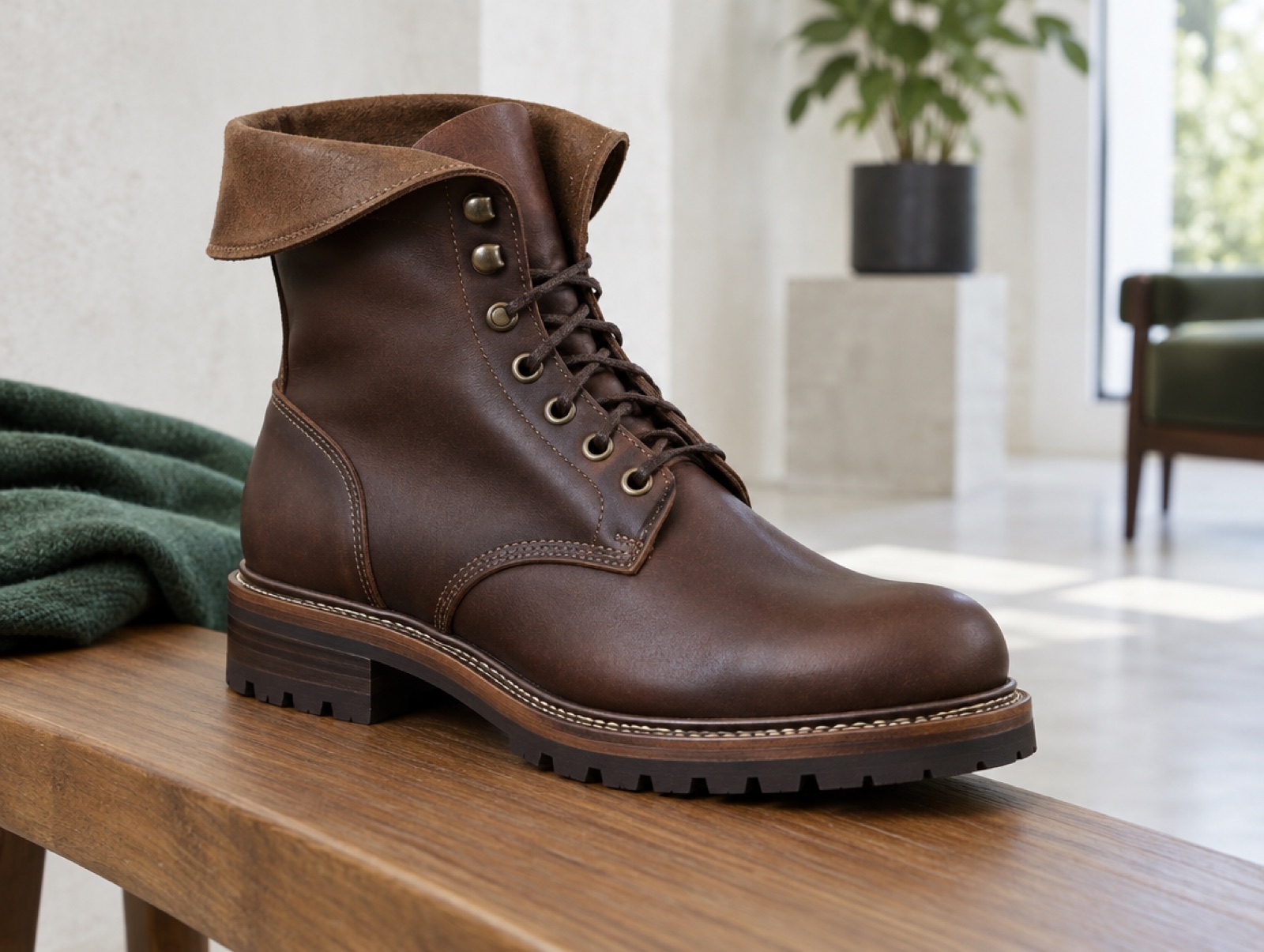 A boot with a double-stitched storm welt