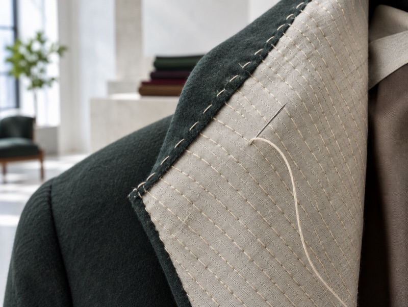 Rows of pad stitches on a lapel canvas