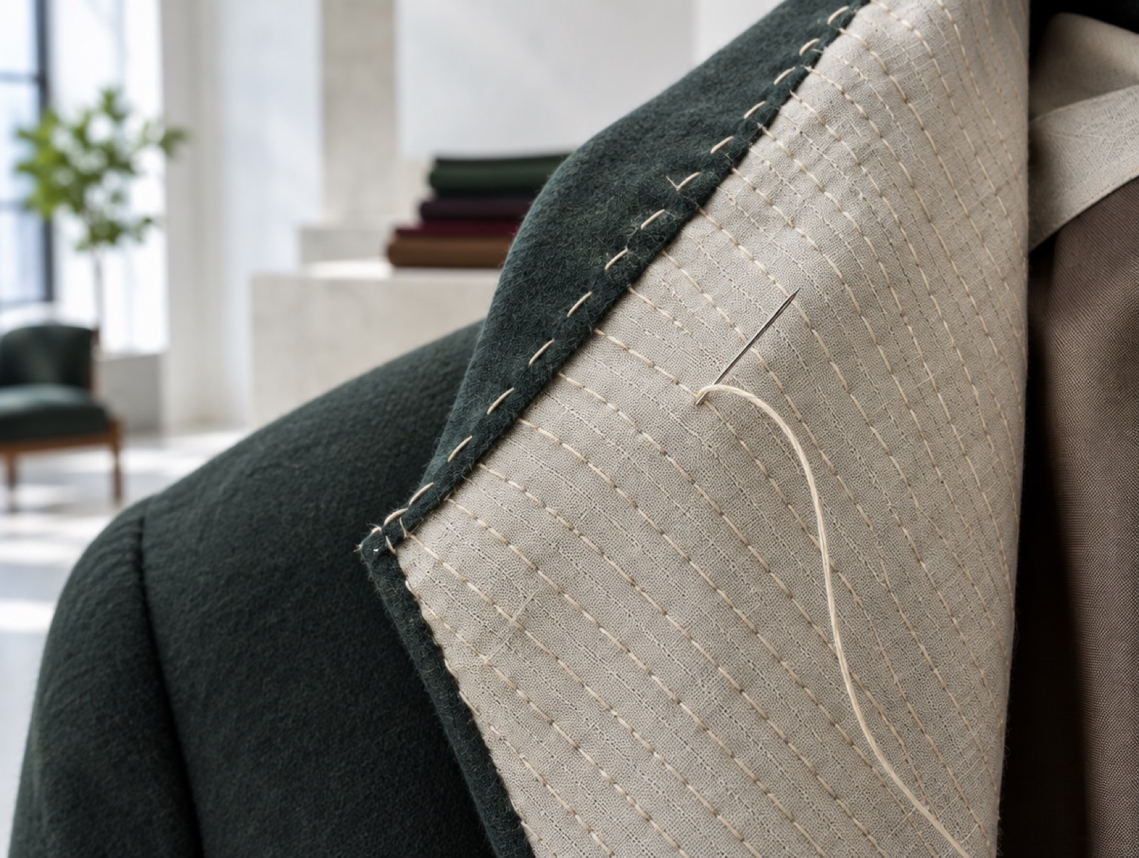Rows of pad stitches on a lapel canvas