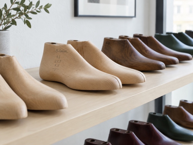 Hand-shaped wooden lasts on a shelf