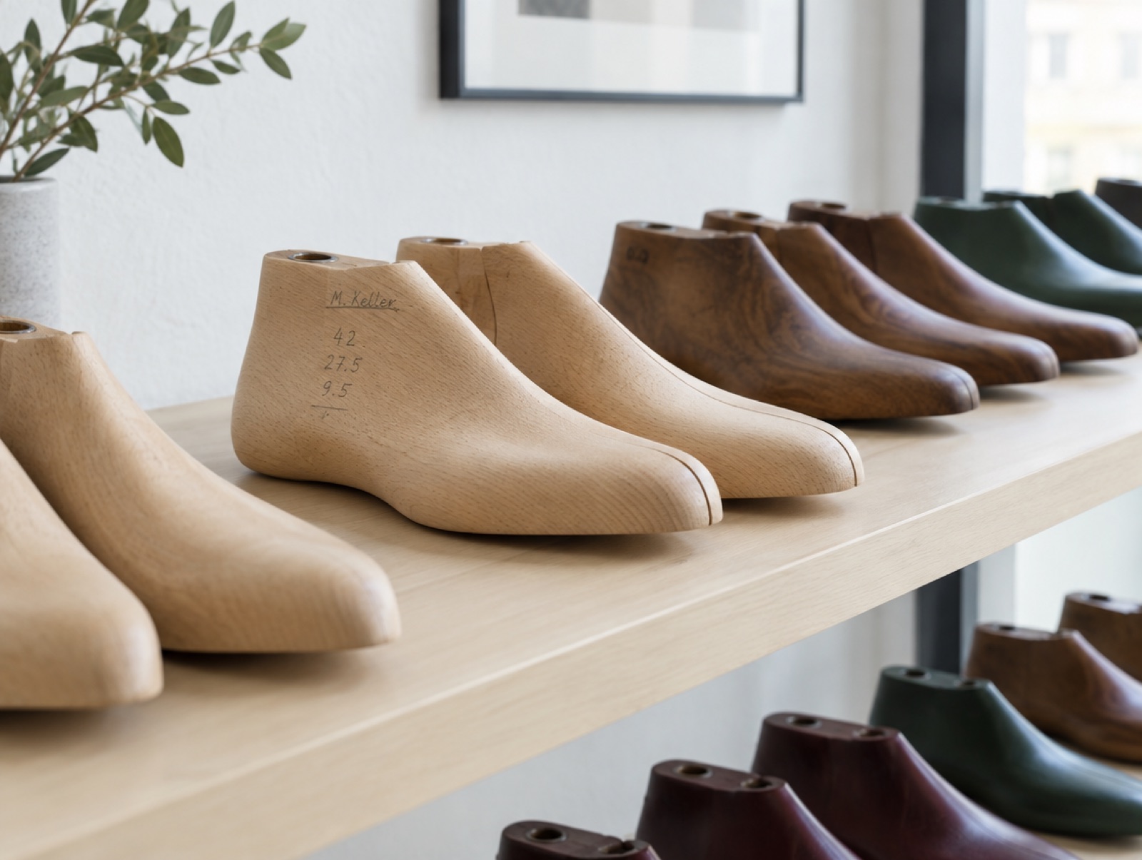 Hand-shaped wooden lasts on a shelf