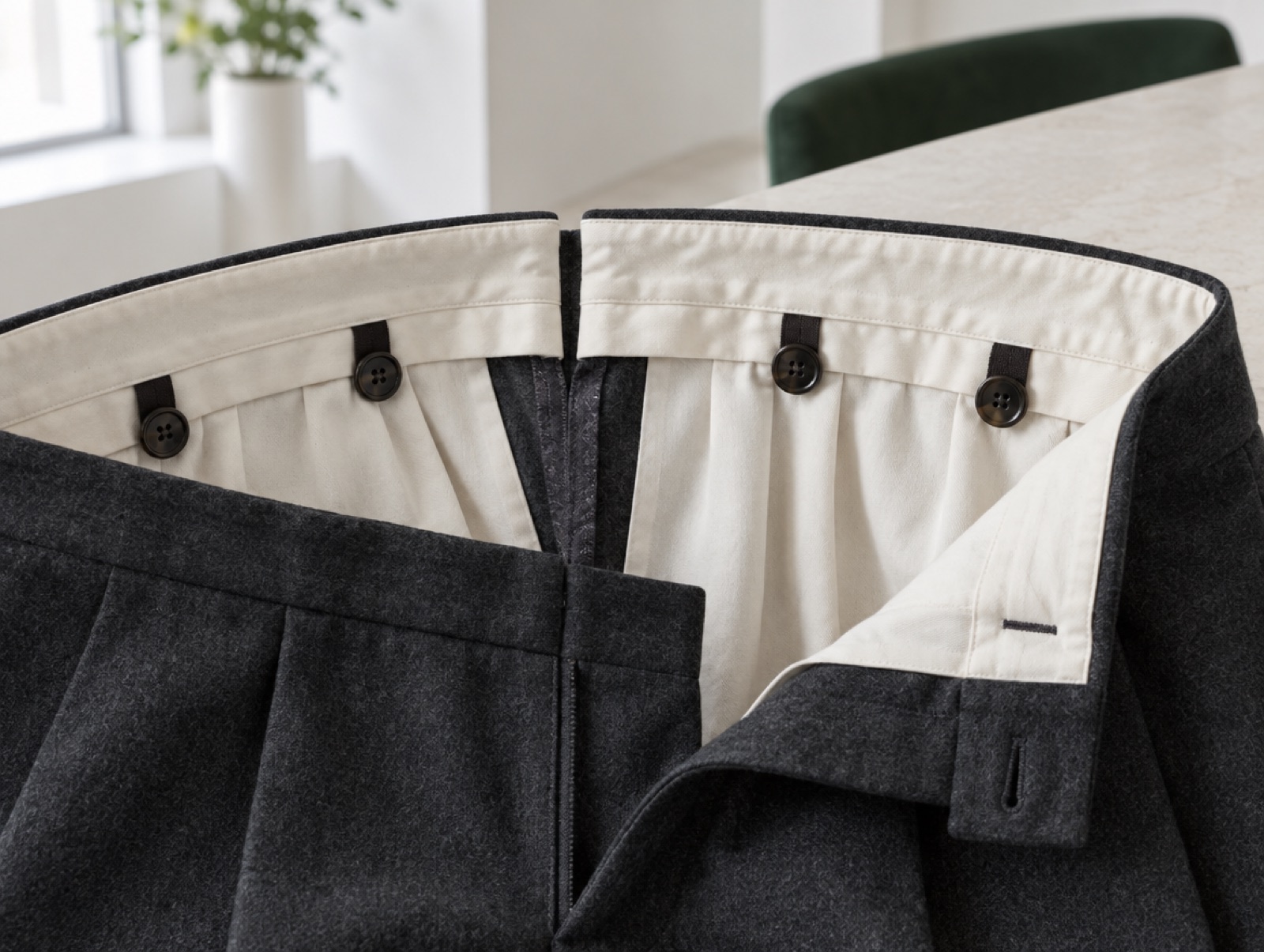The inside of a bespoke trouser waistband