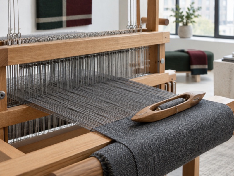 A loom with a grey worsted warp