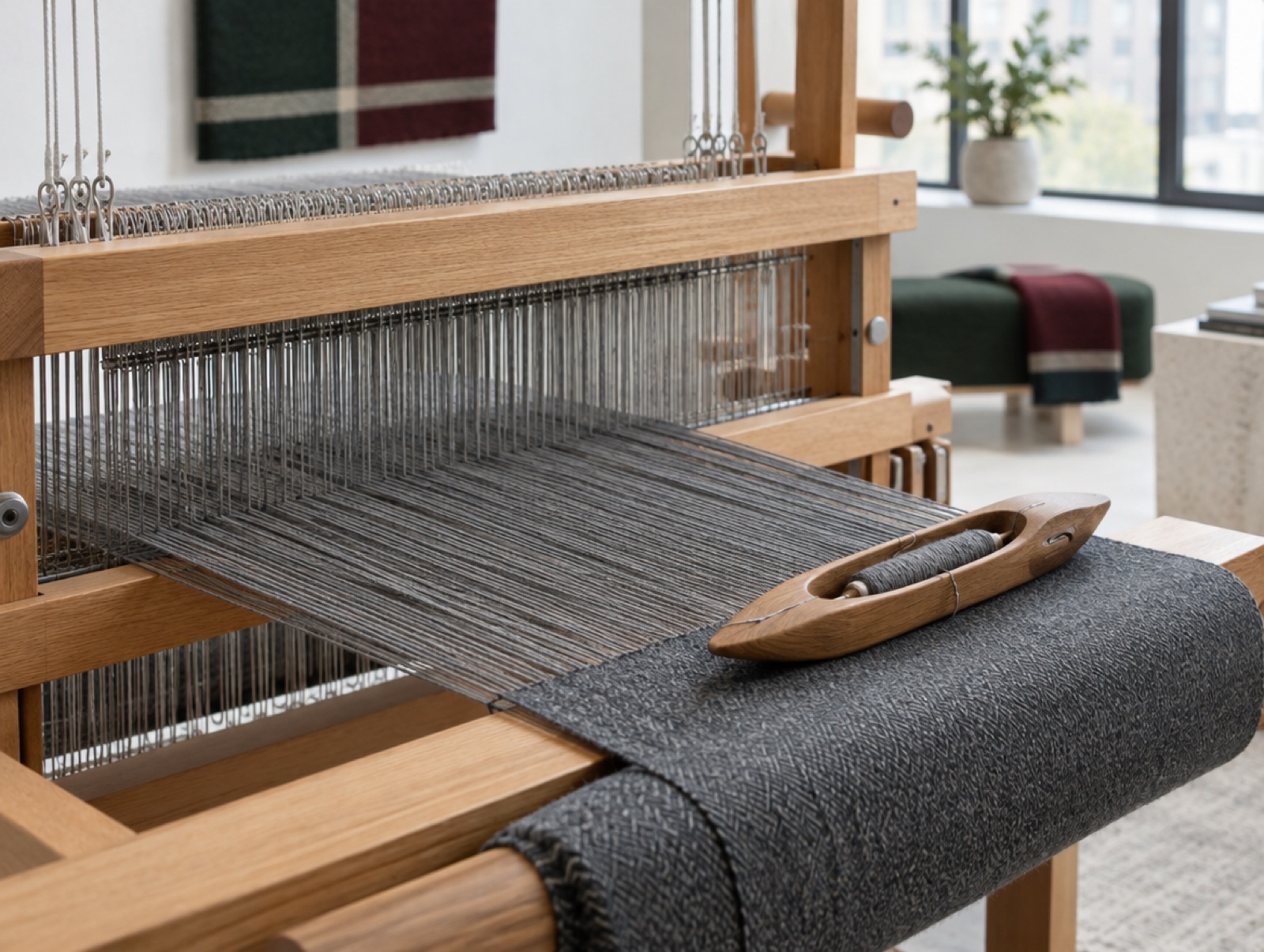 A loom with a grey worsted warp