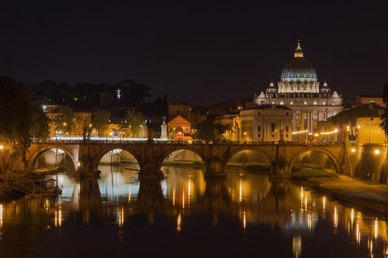 St Peter's Basilica and the Sant'Angelo bridge, Rome, at night