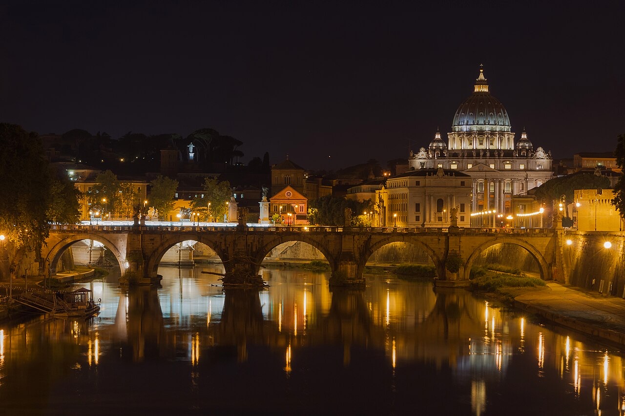 St Peter's Basilica and the Sant'Angelo bridge, Rome, at night