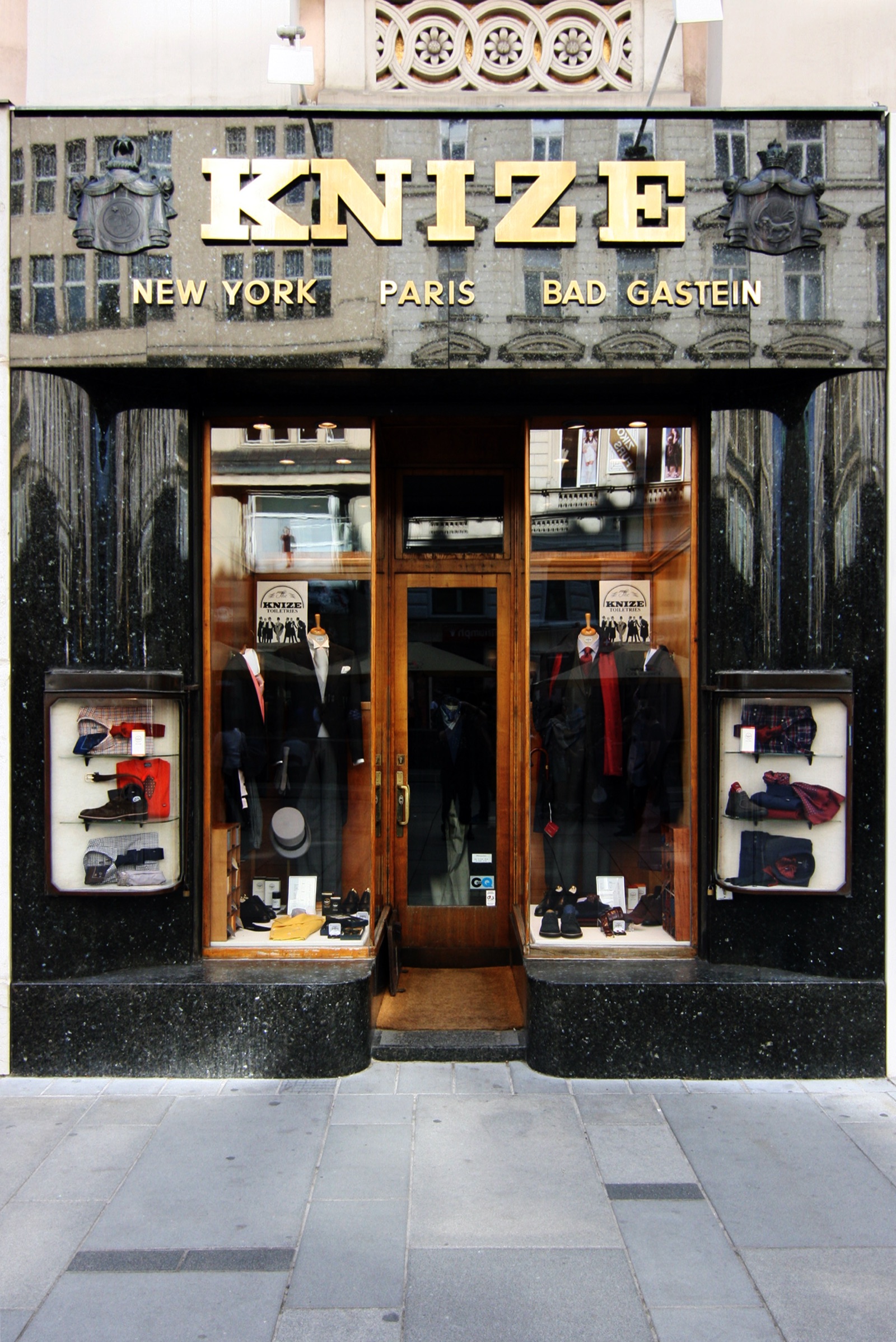 The Knize shop on the Graben, Vienna: the 1913 Adolf Loos shopfront in black Swedish granite with the brass lettering