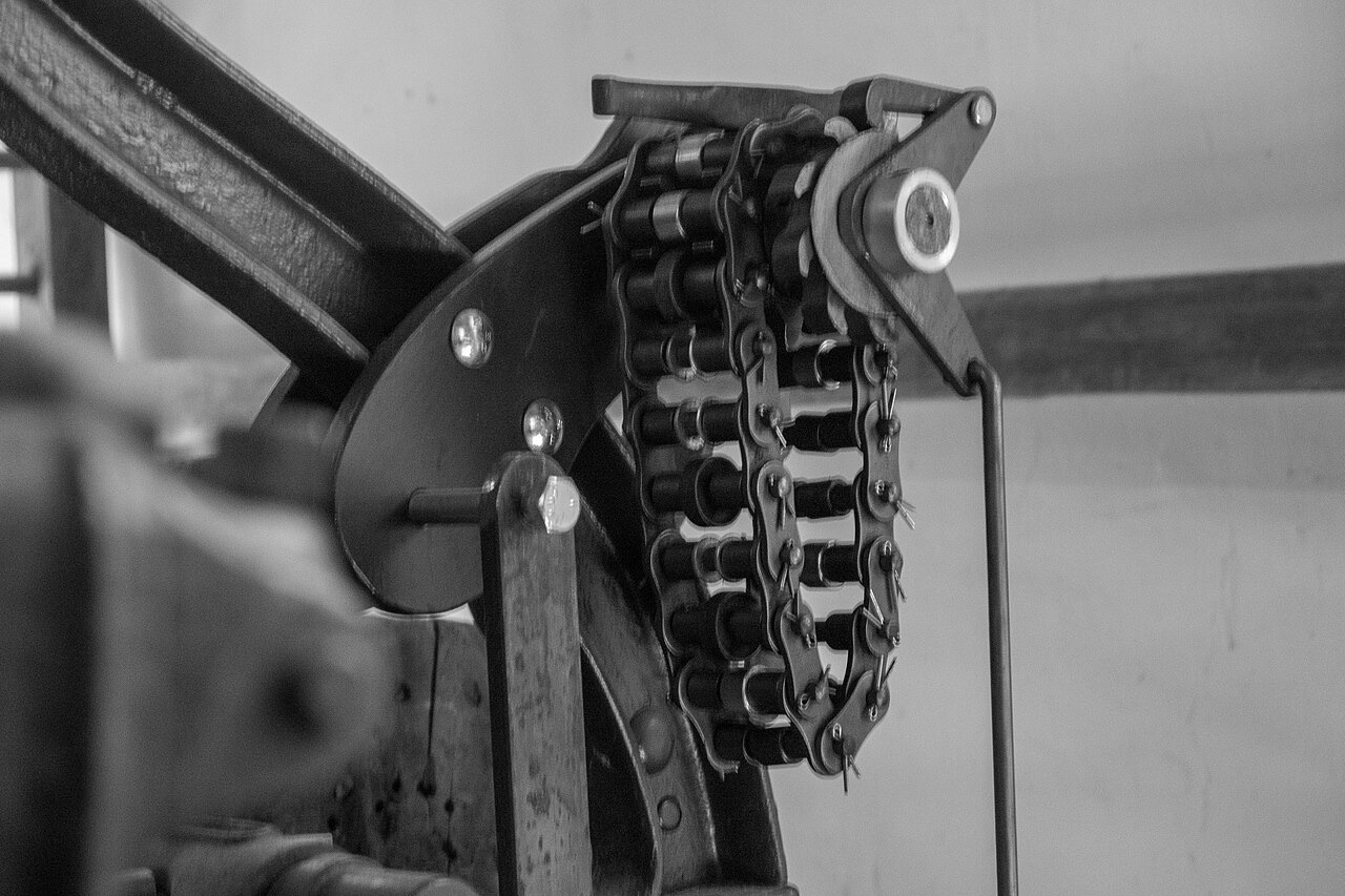 The pattern chain of a power loom at Falls Mill