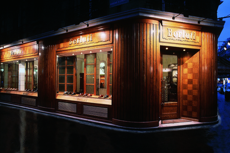 Berluti's shop on the rue Marbeuf, Paris, at night