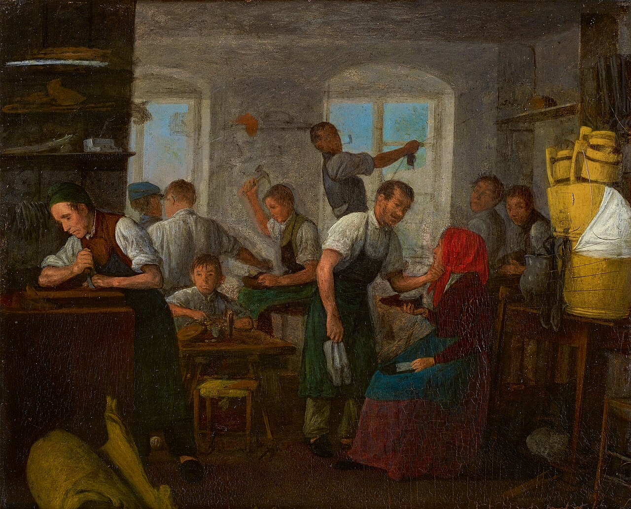 A shoemaker's workshop, in a painting